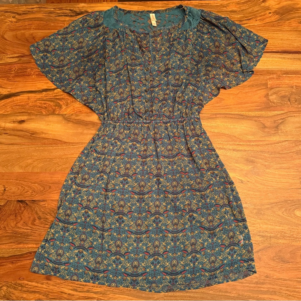 Flutter Sleeve Cinch Waist Blue Patterned Dress